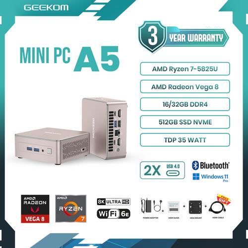 Promo Geekom Mini PC A5 AMD Ryzen 5825U 32GB RAM DDR4 /512GB NVME Windows  11 PRO Support monitor Non Bundling, A5 R7 32/512SSD di Geekom Pc 