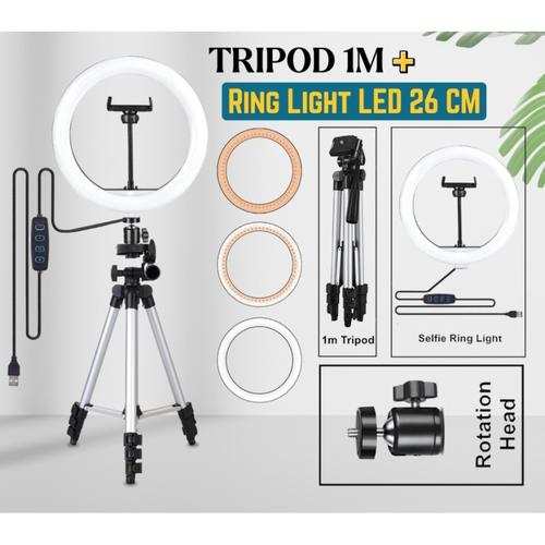 Promo Paket Komplit Tripod 1M Ring Light LED 26 CM Stand HP Live