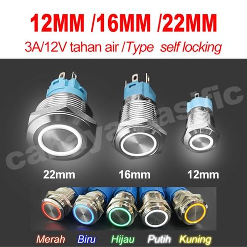 Jual Saklar On Off LED Stainless Push Button Switch 12/16/22MM 3A 12V ...