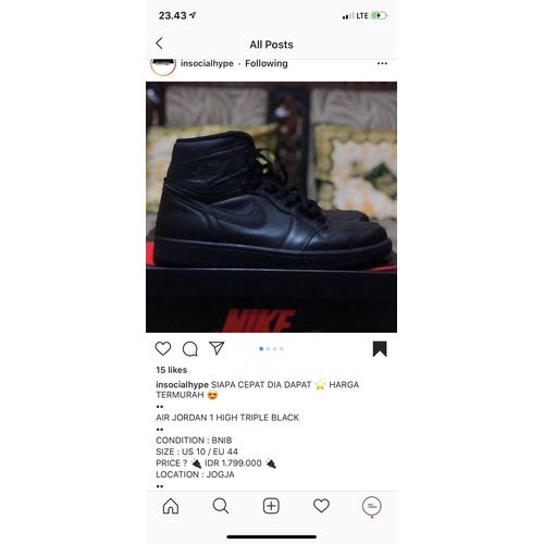 Jual AIR JORDAN 1 HIGH ALL BLACK - Kota 