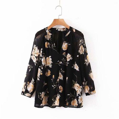 29194 Black Yellow Floral V Neck Top 