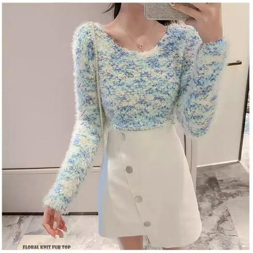 Foto Produk Floral knit fur top wanita cewe biru putih blue white bunga baju dari MedanLand