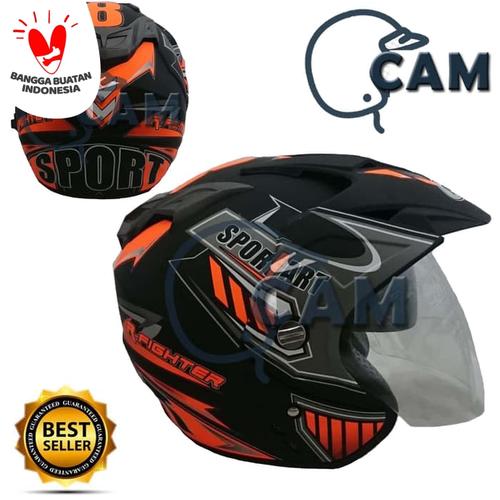 Foto Produk Helm 2 kaca (Double Visor) Murah Black doff Orange Sport DMN dari Cam Helmet