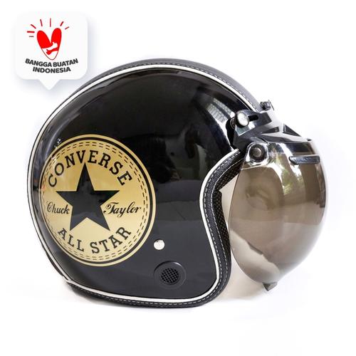 Foto Produk Helm Bogo Retro JMC Motif Converse Gold Hitam Semi Leather SNI - Kaca Bogo Biasa dari JMC Helmet