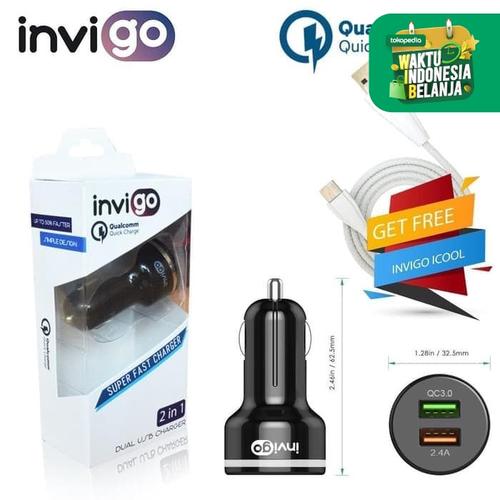 Foto Produk Car Charger INVIGO USB 3.0 Quick Fast Charge 2.4A Mobil + Kabel 2 Port - Hitam dari lbagstore