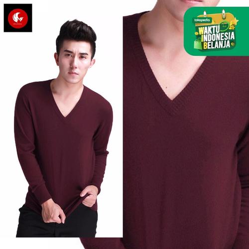 Foto Produk Sweater Rajut Knit Pria Leher V Marun Katun Polos Vleur Okechuku - Merah, L fit to XL dari Okechuku