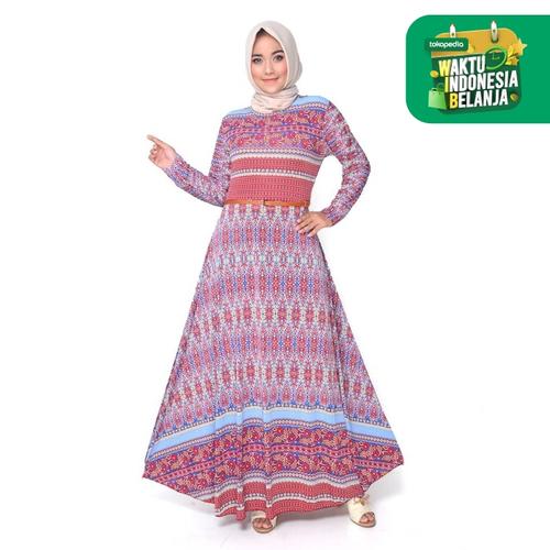 Foto Produk Long Dress Maxi Muslim Dewasa Corak bunga Model Terbaru - Shakira - Merah Salem dari j--fashion