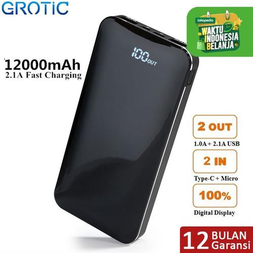 Foto Produk GROTIC Powerbank 12000mAh 2.1A Fast Charge Dual USB LED Power Display - Hitam dari APRoo