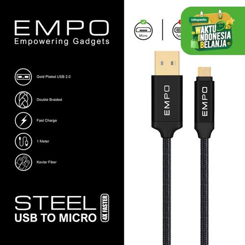 Foto Produk PREMIUM Kabel Charger EMPO STEEL Micro USB 2.4 A Braided Nylon Black dari EMPO