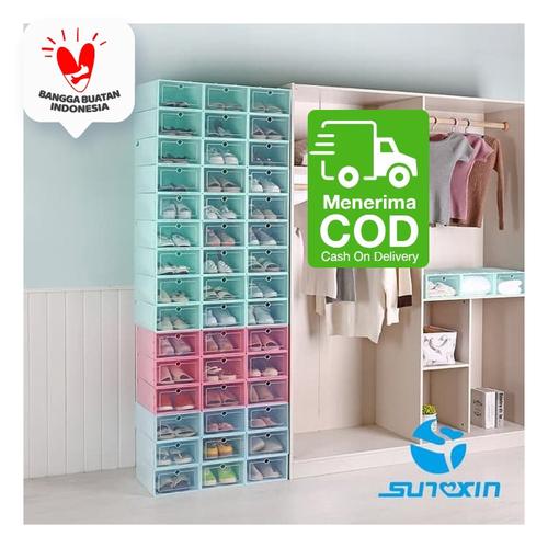 Foto Produk 1 SET/ 3PCS KOTAK SEPATU/SANDAL TRANSPARAN/SHOES BOX/RAK SEPATU - Biru Muda dari SUNXIN