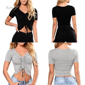 Women Drawstring T-shirt Crop Top Solid 