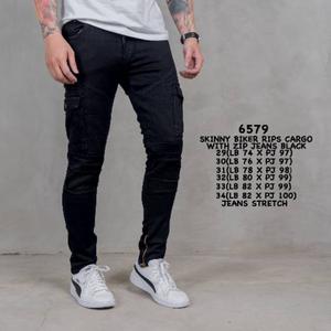 Skinny Biker Rips Cargo With Zip Jeans 