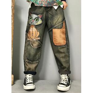 Jual Women Cat Embroidery Patchwork Mid 