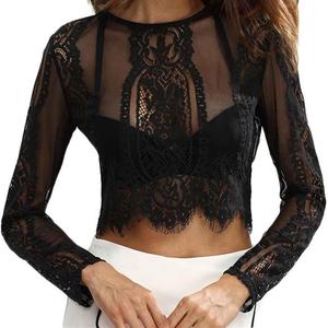 Jual Black long sleeve Crop top lace 