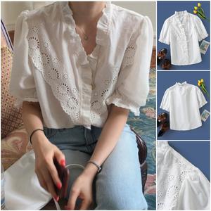 Foto Produk 61772 White Hollow Embroidery Top / Blouse Putih Polos dari XineShop