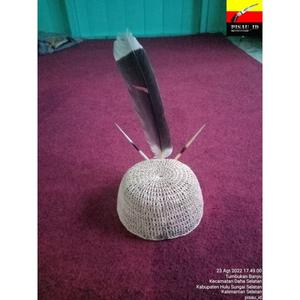 Perempuan dayak memakai busana adat dengan hiasan bulu burung ruai