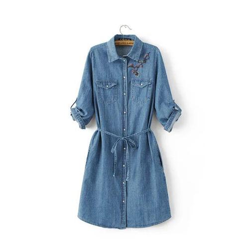 41475 - Blue Embroidery Denim Dress 