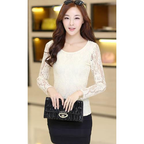 Long Sleeve Lace Thin Shirt Apricot L 