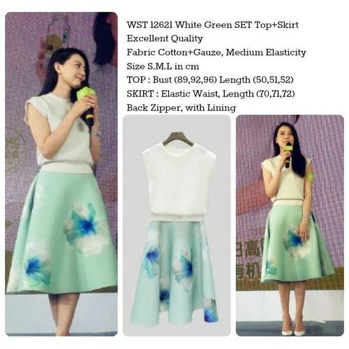 WST 12621 white green SET top + skirt 