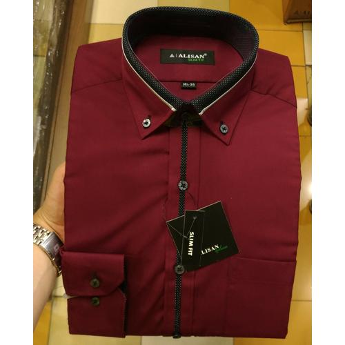 Foto Produk Kemeja Pria Alisan Slimfit Panjang Merah Maroon Abu Tua List Tengah - Maroon, S dari Mega Hero Shirts
