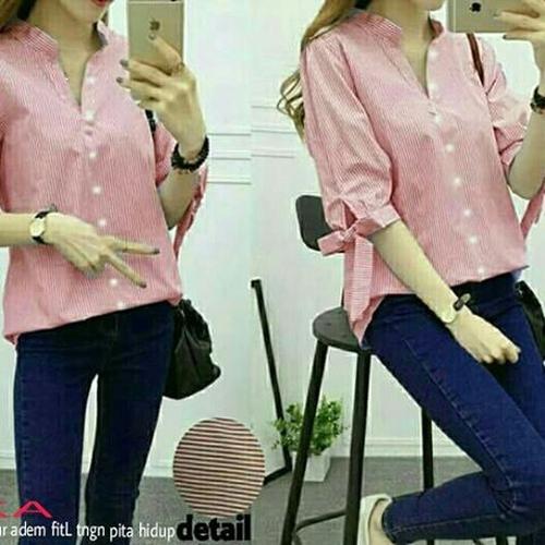 Gambar Ms_Nika/kemejasalur garis ikat pita murah/blouse kerja lucu bangkok dari hachiroku butiq Jakarta Barat Tokopedia