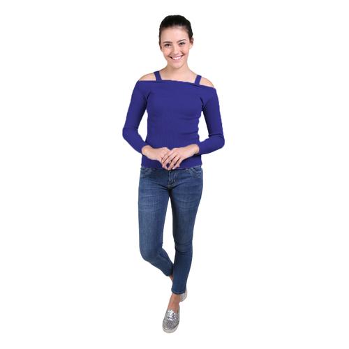 Foto Produk Jfashion Blus Rajut/Knitting Tangan Panjang Open Shoulder - Selvi - Biru dari j--fashion