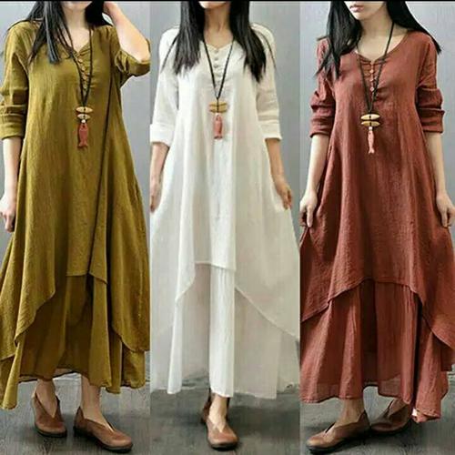 Foto Produk Dress Maxi Kaftan Kasual Dengan Lengan Panjang - Putih, M dari Sigie Shop