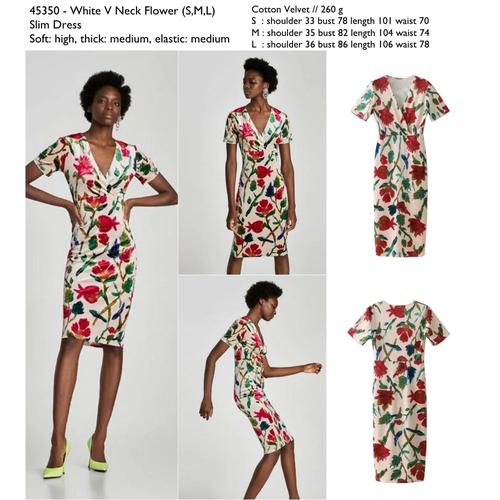 Jual White V Neck Flower (S,M,L) Slim 