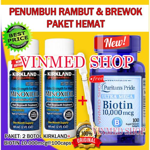 Foto Produk Kirkland Minoxidil 5%(2 Botol)+Biotin 10.000mcg(100 Caps)Paket Irit dari vinmed