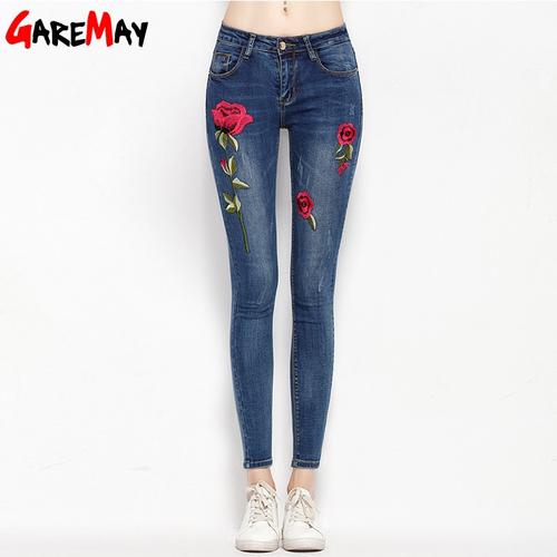 For Women Elastic Flower Jeans Female 