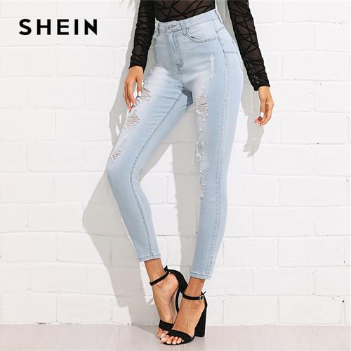Jual New SHEIN Bleach Wash Ripped Jeans 
