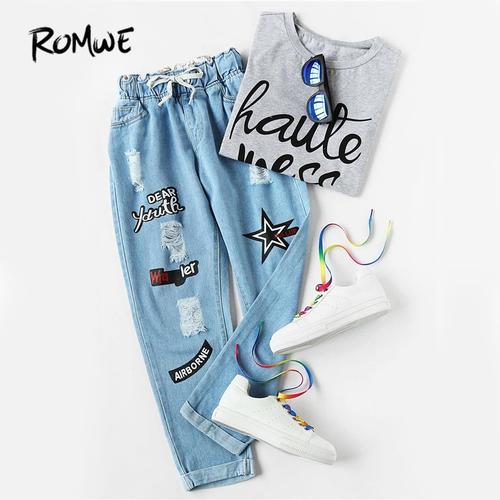 New ROMWE Ripped Cuffed Jeans Women 