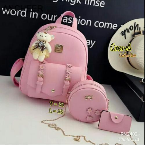 Foto Produk Tas Ransel Wanita Amora Backpack Paket 4in1 - Cokelat Muda dari KebunKoe