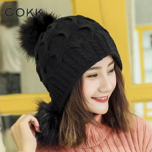 COKK Winter Hat Female Pompom Fur Hats 