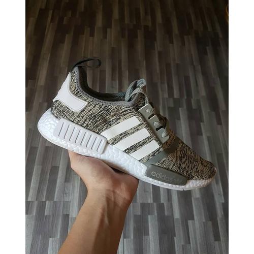 gray and white nmds