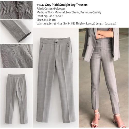 Jual Grey Plaid Straight Leg Trousers 