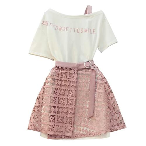 Foto Produk 2 Piece Suit Slash Collar Off Shoulder Long T Shirt & Hollow Out Lace dari delicia boutique