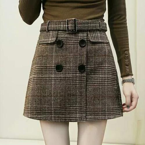 Foto Produk Women High Waist Plaid Tweed Skirt with Button Retro Vinatge dari delicia boutique