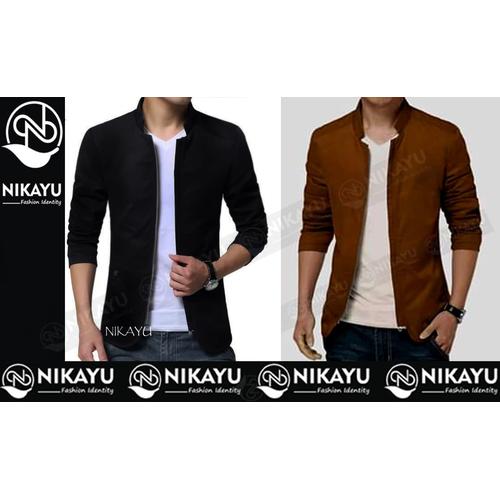 Foto Produk Blazer ZIPPER - Baju Pakaian Semi Jaket Pria Resleting Hitam Korea - Hitam, S dari SLIMFIT SHOP