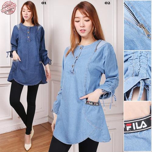 Foto Produk Atasan Blouse Qyara Kemeja Casual Tunik Jeans Wanita - Biru dari Angelsammy shop