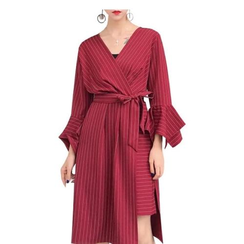 Foto Produk Striped Shirt Dress Women Summer Autumn V-neck Asymmetric Dress - Maroon, XL dari de wenwen