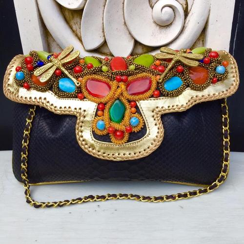 Foto Produk Clutch Kulit Ular Phyton Raisa Model Kipas M - Tas Pesta Black Color dari Tas Kulit Cantik Bali
