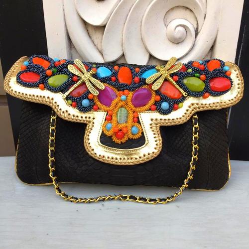 Foto Produk Clutch Kulit Ular Phyton Raisa Model Kipas L - Tas Pesta Black Color dari Tas Kulit Cantik Bali