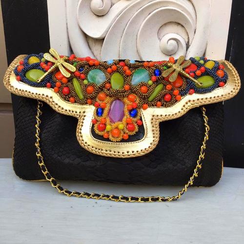 Foto Produk Clutch Kulit Ular Phyton Raisa Model Kipas XL - Tas Pesta Black Color dari Tas Kulit Cantik Bali