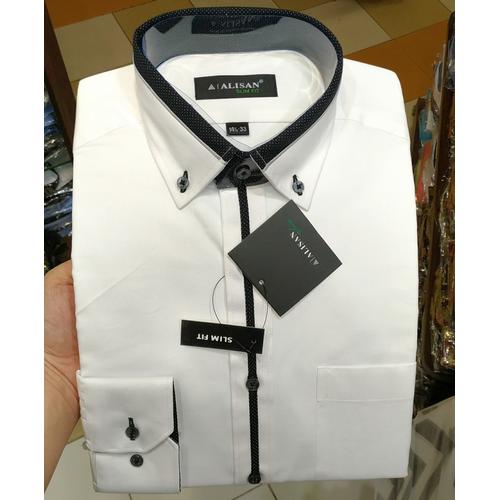 Foto Produk Kemeja Alisan Putih Slimfit Panjang List Plakat Kerah Sambung - Putih, L dari Mega Hero Shirts