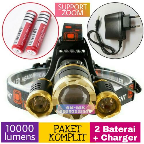 Foto Produk Paket senter kepala / Headlamp Cree XML T6 golden 10000 Lmn waterproof dari om-jak