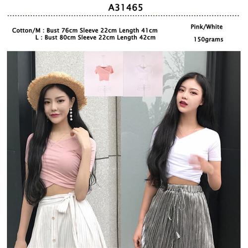 cotton crop top (White,Pink) - 31465 