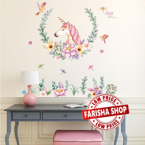 Foto Produk Unicorn & Flower JM7329 - Stiker Dinding / Wall Sticker dari farisha shop