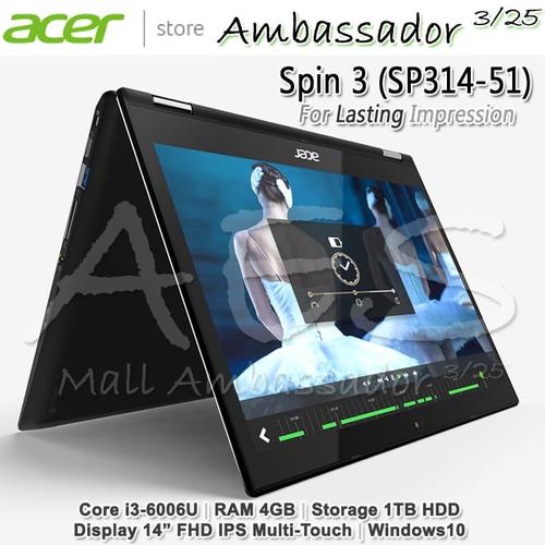 Gambar Acer Spin 3 Windows10 | Core-i3 | 4GB | 1TB | 14" IPS Full-HD Touch dari ACER STORE AMBASADOR Jakarta Selatan Tokopedia