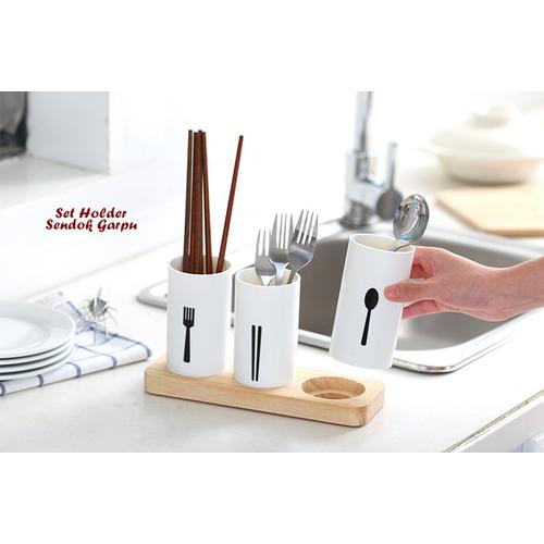 Foto Produk Set Holder Sendok Garpu Dengan WADAH KAYU dari CERIA SMART